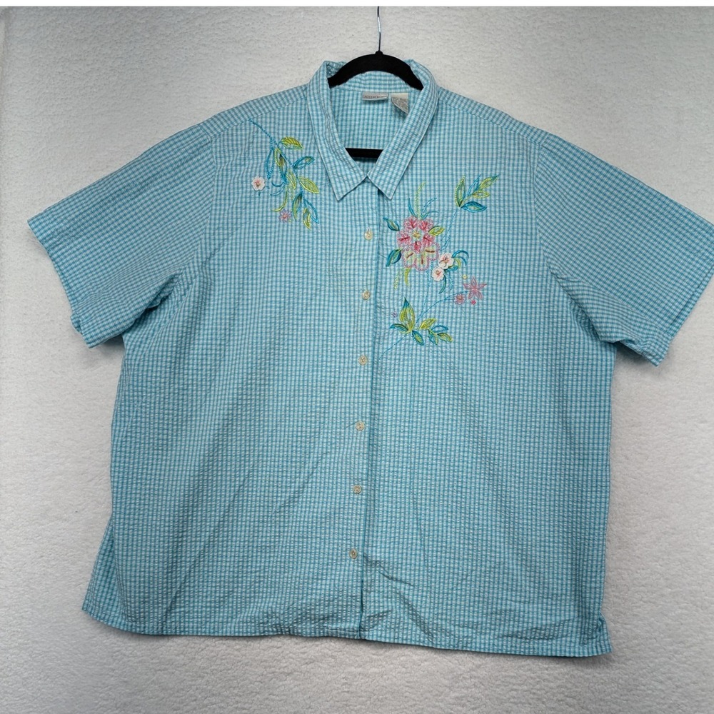 Koret Francisca‎ Womens Turquoise Gingham Embroidered Floral Short Sleeve  28W
